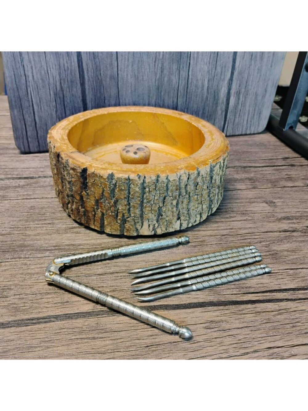 Vintage 1950s Tree Bark Nut Bowl w Silver Nutcracker & 6 Picks, Rustic Wooden - Picture 2 of 11